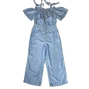 7 FOR ALL MANKIND Denim Jumpsuit Small Blue Off Shoulder Smocked Wide Leg NWT
